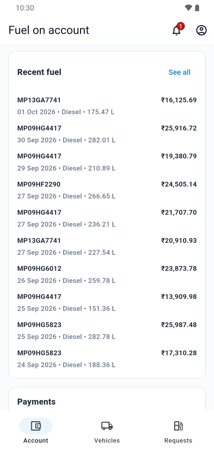 Sanchay credit customer app showing recent diesel fills on account by vehicle, with vehicles and requests tabs