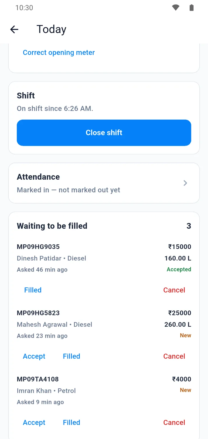 Sanchay staff app list of vehicle fuel requests waiting to be filled, with accept, filled and cancel buttons