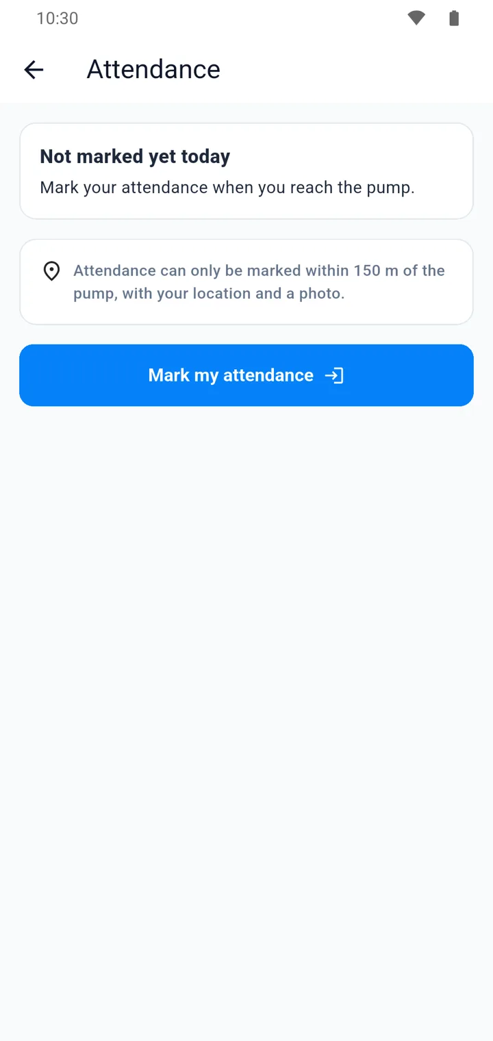 Sanchay staff app screen for marking daily attendance near the pump with location and a photo