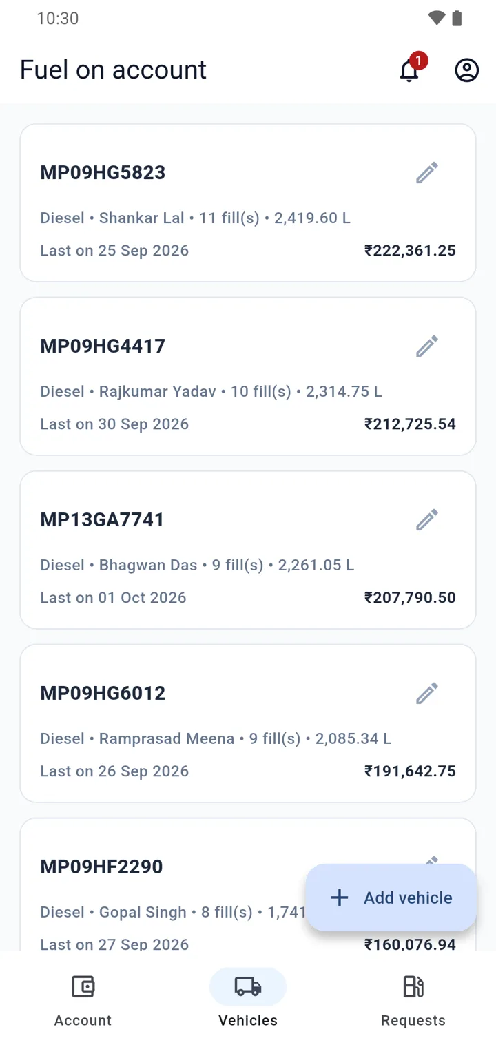 Sanchay credit customer app Vehicles tab listing each vehicle on the account with fuel fills, litres and last fill date