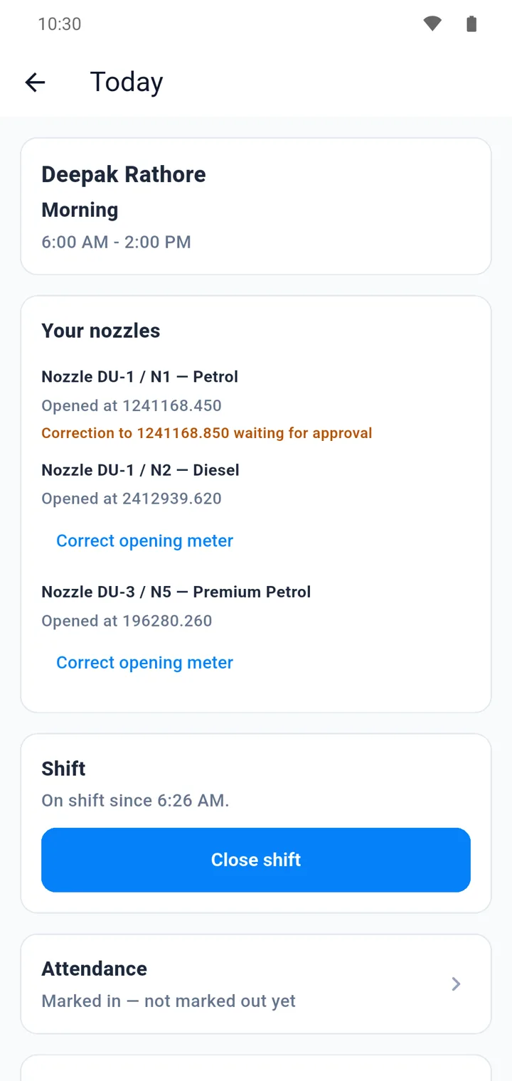 Sanchay staff app Today screen with the employee's shift, assigned nozzles, opening meter readings and a Close shift button