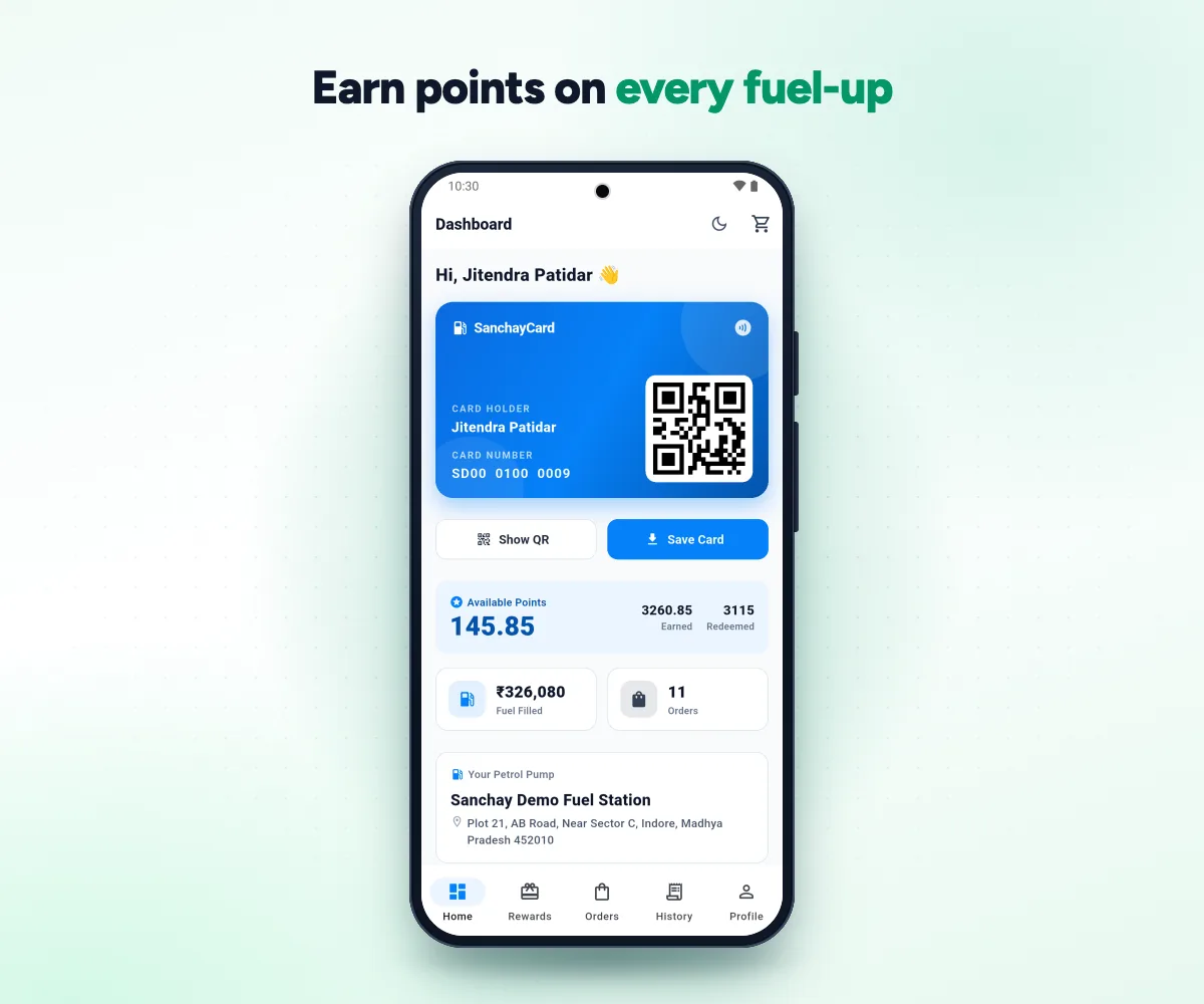 Sanchay customer app with a digital Sanchay Card and QR code, available points, points earned and redeemed, and fuel filled