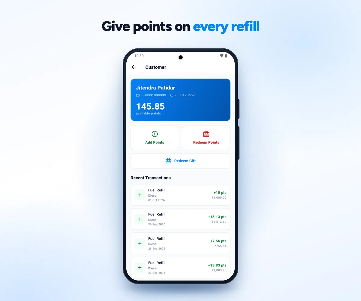 Sanchay staff app customer screen with point balance, Add Points, Redeem Points and Redeem Gift buttons and recent refills