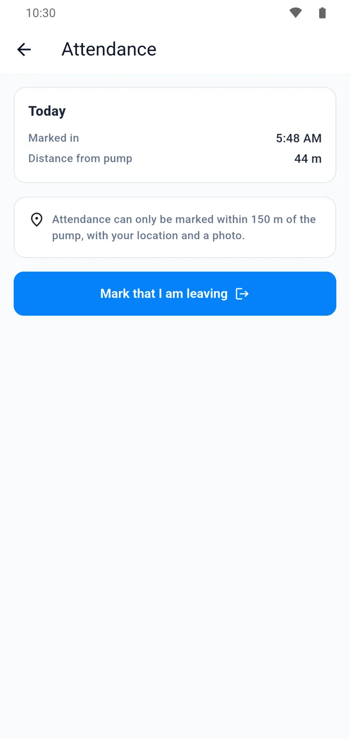Sanchay staff app attendance screen showing check-in time, distance from the pump and a Mark that I am leaving button