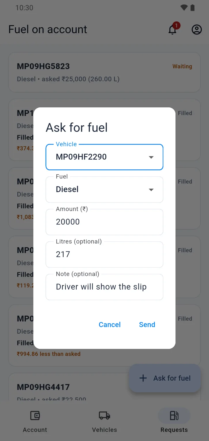 Ask for fuel form in the Sanchay credit customer app with vehicle, fuel type, amount, optional litres and a note