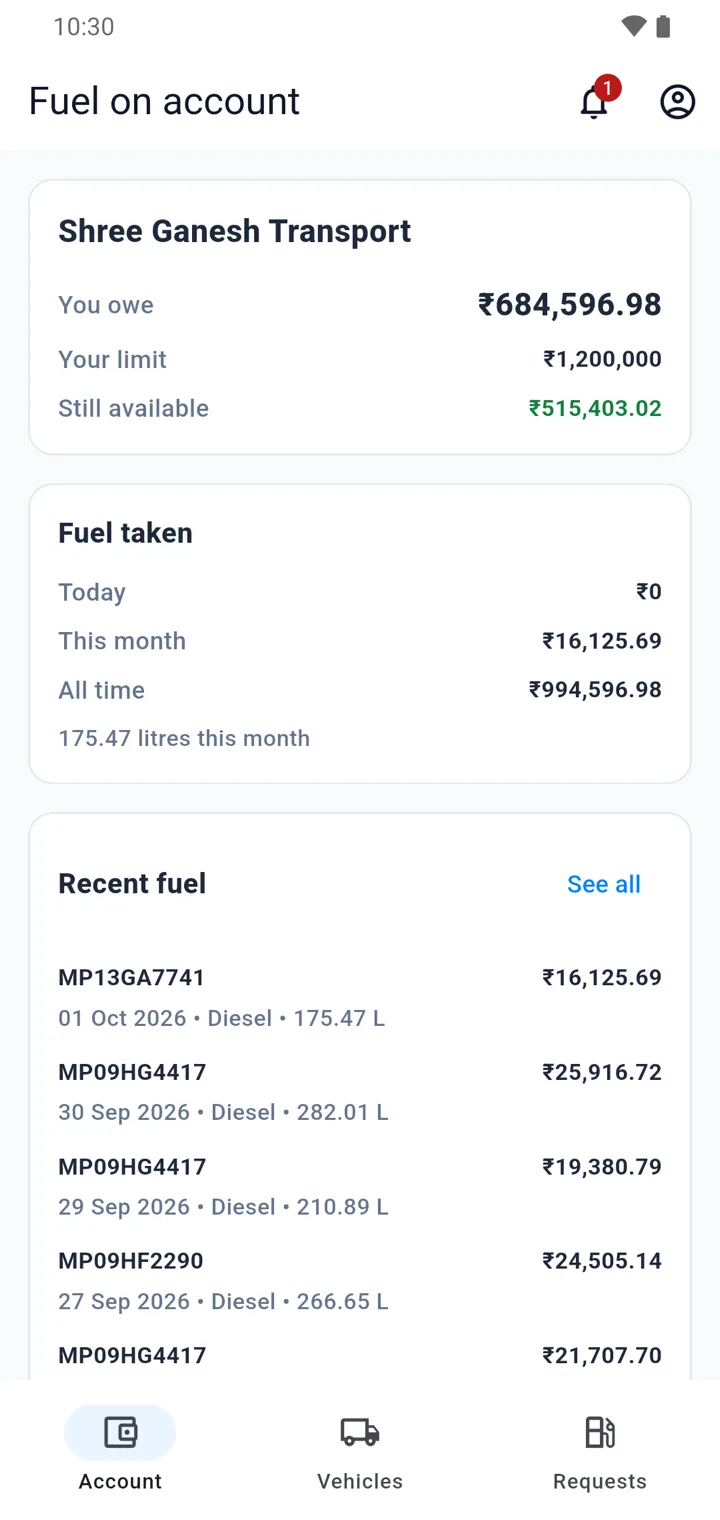 Petrol pump app for credit customers: Sanchay account screen with amount owed, credit limit and recent fuel by vehicle