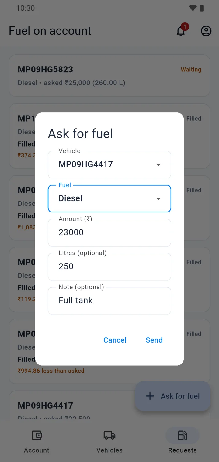 Ask for fuel form in the Sanchay credit customer app with vehicle, fuel type, amount, litres and a note for the pump