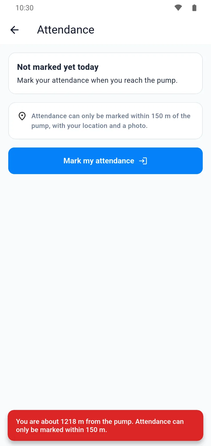 Sanchay staff app attendance screen refusing check-in because the employee is too far from the petrol pump